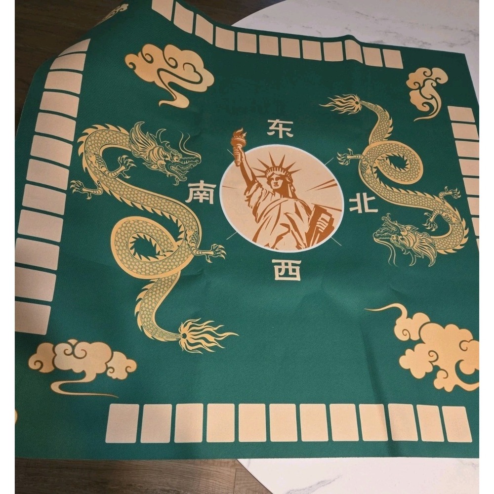 31" Green Dragon Mahjong Mat Non-Slip Noise Reduction Table Cover Statue of...